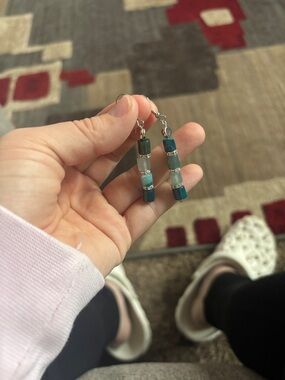 Handmade Teal and Silver Beaded Drop Earrings